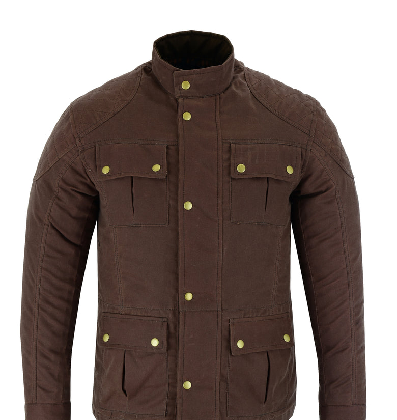 0756 Men's Classic Waxed Cotton Motorcycle Long Jacket in Brown, Green or Black