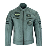 Classic Mens Grey Motorcycle Leather Jacket With Badges Biker Black Striped 