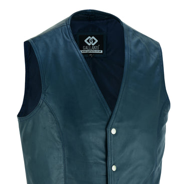 Mens Snap Button Navy Leather Classic Soft Leather Vest Waistcoat