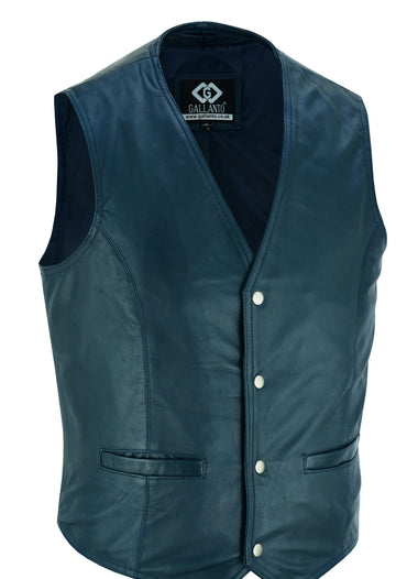 Mens Snap Button Navy Leather Classic Soft Leather Vest Waistcoat