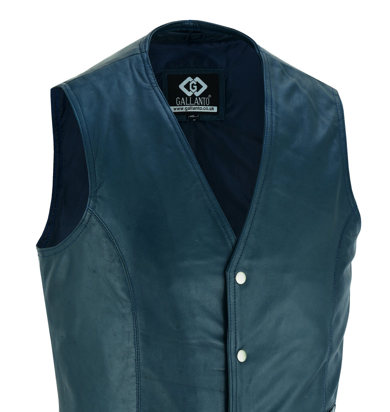 Mens Snap Button Navy Leather Classic Soft Leather Vest Waistcoat