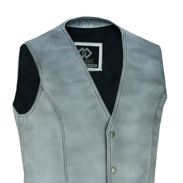 Mens Snap Button Dirty Grey Leather Classic Soft Leather Vest Waistcoat