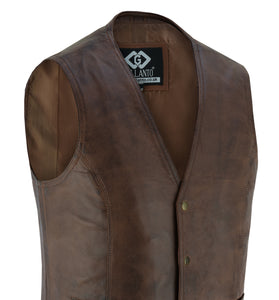 Mens Snap Button Brown Leather Classic Soft Leather Vest Waistcoat