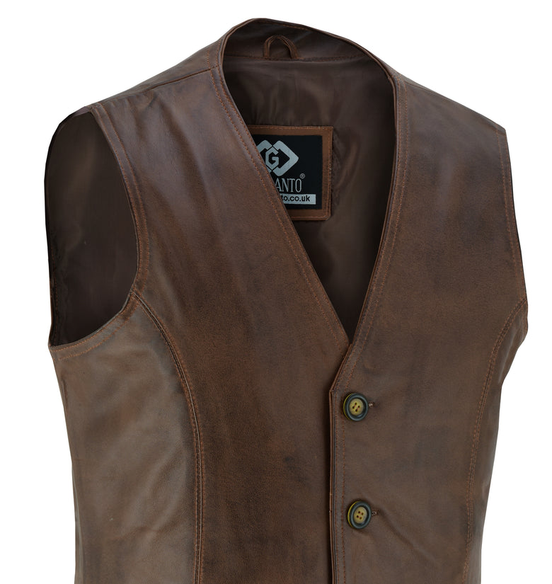 Mens Coat Button Brown Leather Classic Soft Leather Vest Waistcoat