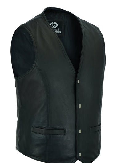 Mens Snap Button Black Leather Classic Soft Leather Vest Waistcoat