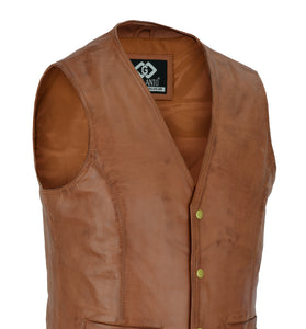 Mens Snap Button Tan Leather Classic Soft Leather Vest Waistcoat