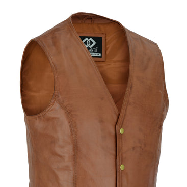 Mens Snap Button Tan Leather Classic Soft Leather Vest Waistcoat