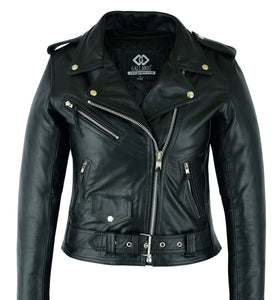 Women’s Classic Brando Leather Biker Jacket Black & Brown Cowhide