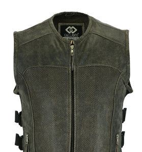 Stonewash Premium Perforated Leather Motorcycle Vest Waistcoat Cowhide SWAT