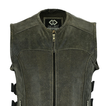 Stonewash Premium Perforated Leather Motorcycle Vest Waistcoat Cowhide SWAT