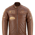 Mens British Motorcycle Brown Wax Leather Badges Jacket Biker Tan Creme Striped