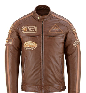 Mens British Motorcycle Brown Wax Leather Badges Jacket Biker Tan Creme Striped