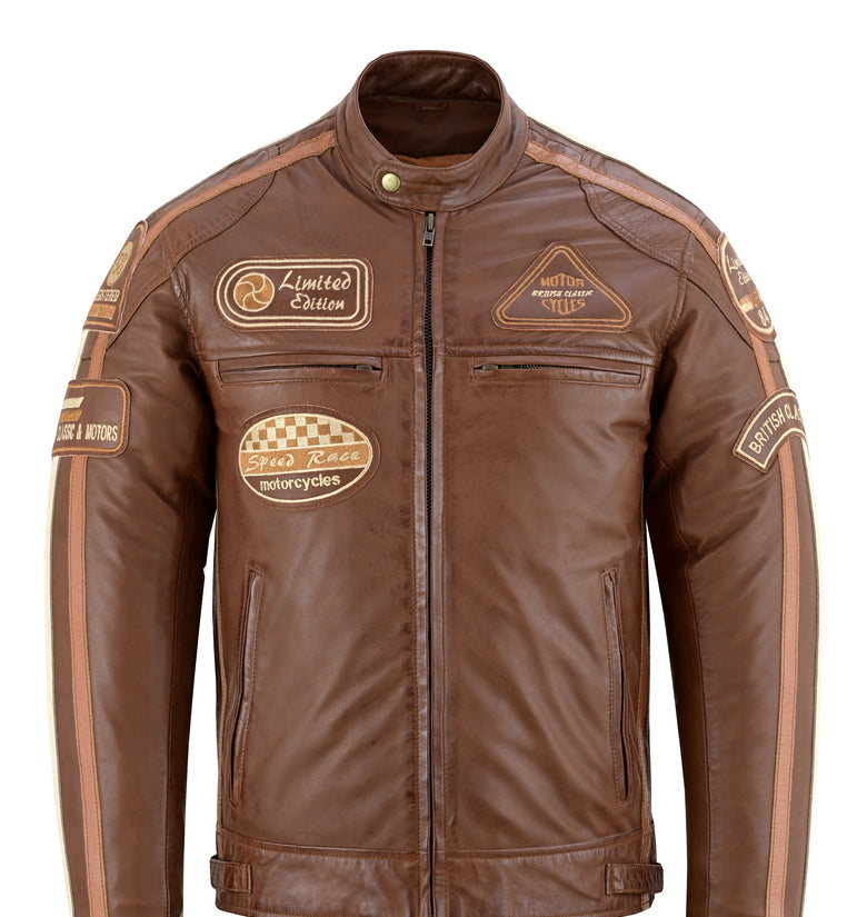 Mens British Motorcycle Brown Wax Leather Badges Jacket Biker Tan Creme Striped