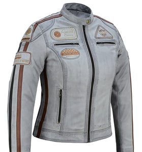 Women’s Dirty Grey Leather Biker Jacket with Badges Fashion Fit