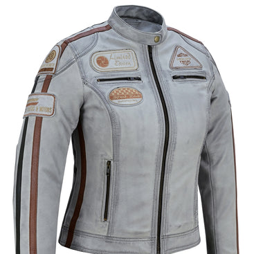 Women’s Dirty Grey Leather Biker Jacket with Badges Fashion Fit