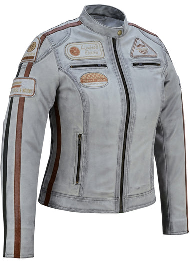 Women’s Dirty Grey Leather Biker Jacket with Badges Fashion Fit