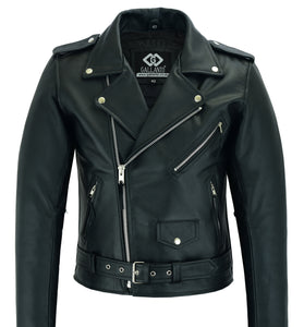 Mens Cowhide Silver Zip Brando Biker Motorcycle Real Leather Jacket