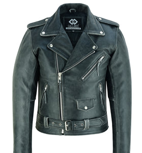 Mens Stonewash CrossZip Brando Biker Motorcycle Real Leather Jacket