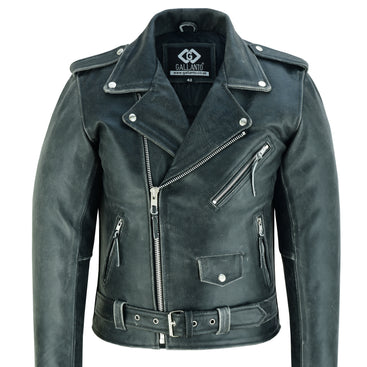 Mens Stonewash CrossZip Brando Biker Motorcycle Real Leather Jacket