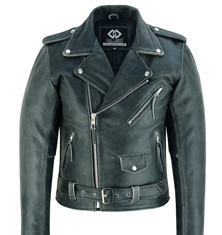Mens Stonewash CrossZip Brando Biker Motorcycle Real Leather Jacket
