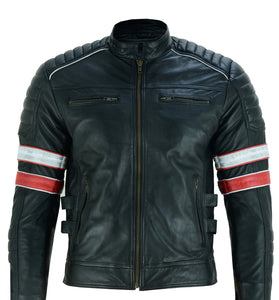 Men’s Black Cafe Racer Leather Jacket – Striped Motorcycle Biker Jacket