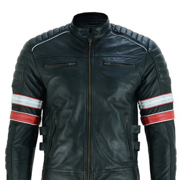 Men’s Black Cafe Racer Leather Jacket – Striped Motorcycle Biker Jacket