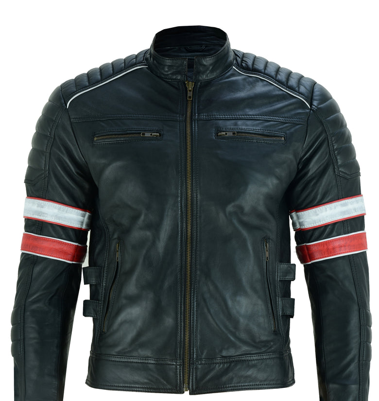 Men’s Black Cafe Racer Leather Jacket – Striped Motorcycle Biker Jacket
