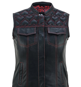 Women’s Biker Vest with Heart Design Leather & Denim Red Stitch Waistcoat