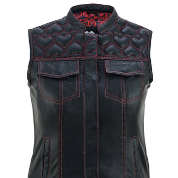 Women’s Biker Vest with Heart Design Leather & Denim Red Stitch Waistcoat