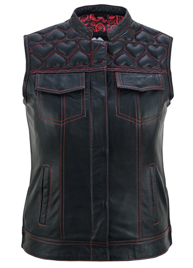 Women’s Biker Vest with Heart Design Leather & Denim Red Stitch Waistcoat
