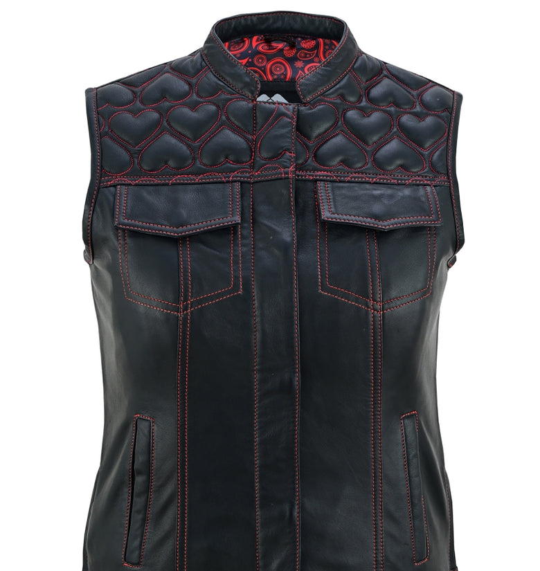 Women’s Biker Vest with Heart Design Leather & Denim Red Stitch Waistcoat