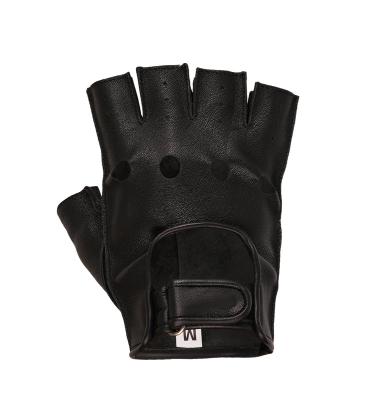 Classic Black Leather Fingerless Gloves – Lightweight Unlined Grip Gloves with Adjustable Velcro Strap