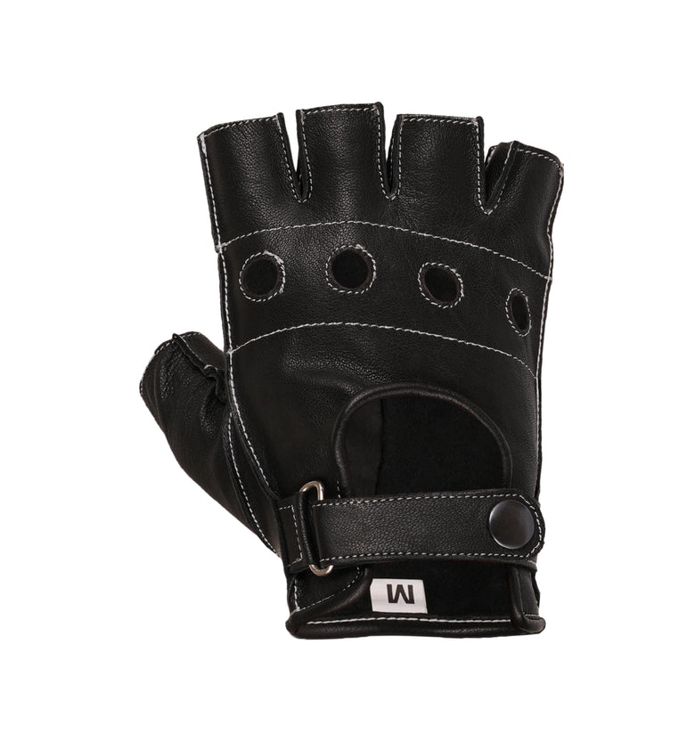 Elegant Black Leather Fingerless Gloves with White Stitch – Lightweight Driving & Style Gloves