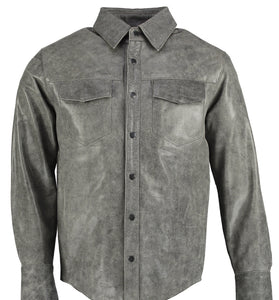 Mens Stonewash Grey Leather Long Sleeve Fashion Shirt