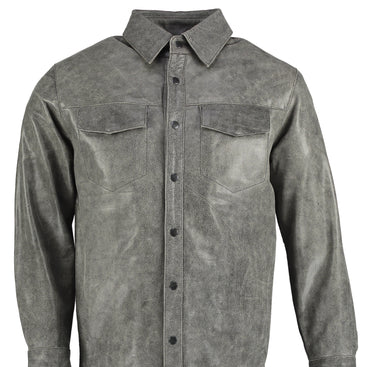 Mens Stonewash Grey Leather Long Sleeve Fashion Shirt