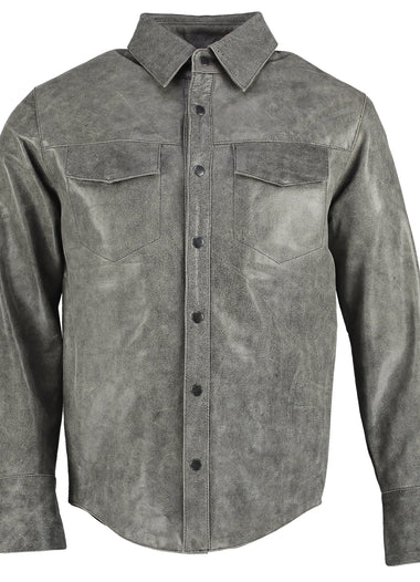 Mens Stonewash Grey Leather Long Sleeve Fashion Shirt