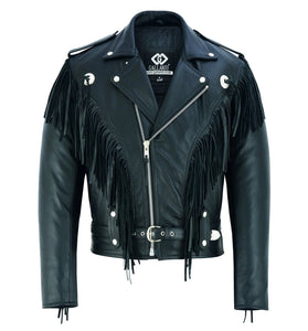 Vintage Black Fringe Leather Motorcycle Jacket - Tassle Concho Premium Biker