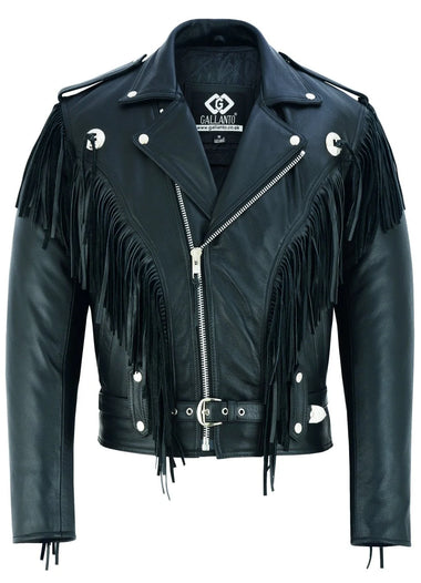 Vintage Black Fringe Leather Motorcycle Jacket - Tassle Concho Premium Biker