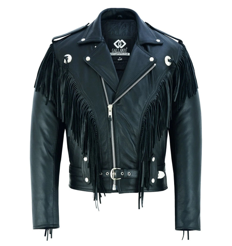 Vintage Black Fringe Leather Motorcycle Jacket - Tassle Concho Premium Biker