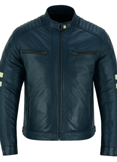 Vintage Cafe Racer Navy Motorcycle Leather Biker Jacket