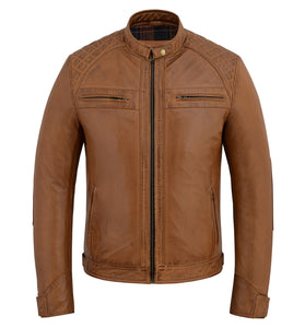 Men’s Classic Leather Biker Jacket Quilted Shoulder Racer Style