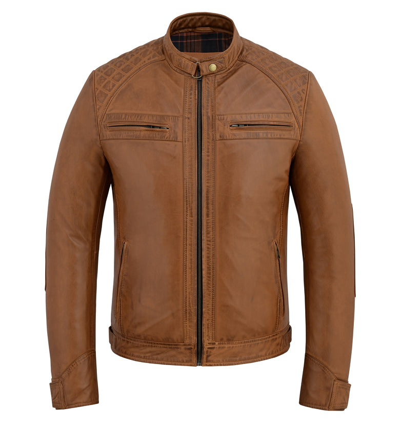 Men’s Classic Leather Biker Jacket Quilted Shoulder Racer Style