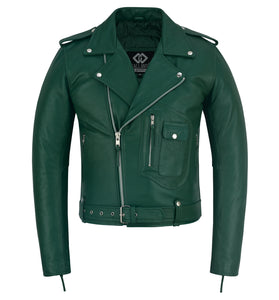 Men’s Classic Green Cowhide Leather Biker Jacket Quilted & Zipped