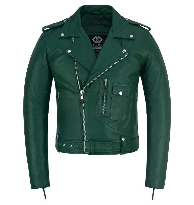 Men’s Classic Green Cowhide Leather Biker Jacket Quilted & Zipped