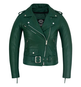 Women’s Classic Green Cowhide Leather Biker Jacket Quilted Fit