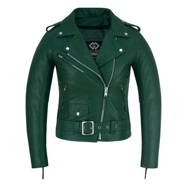 Women’s Classic Green Cowhide Leather Biker Jacket Quilted Fit