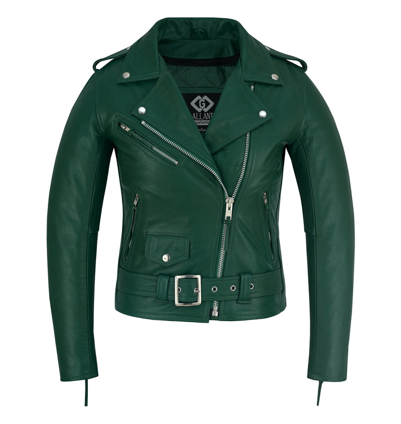 Women’s Classic Green Cowhide Leather Biker Jacket Quilted Fit