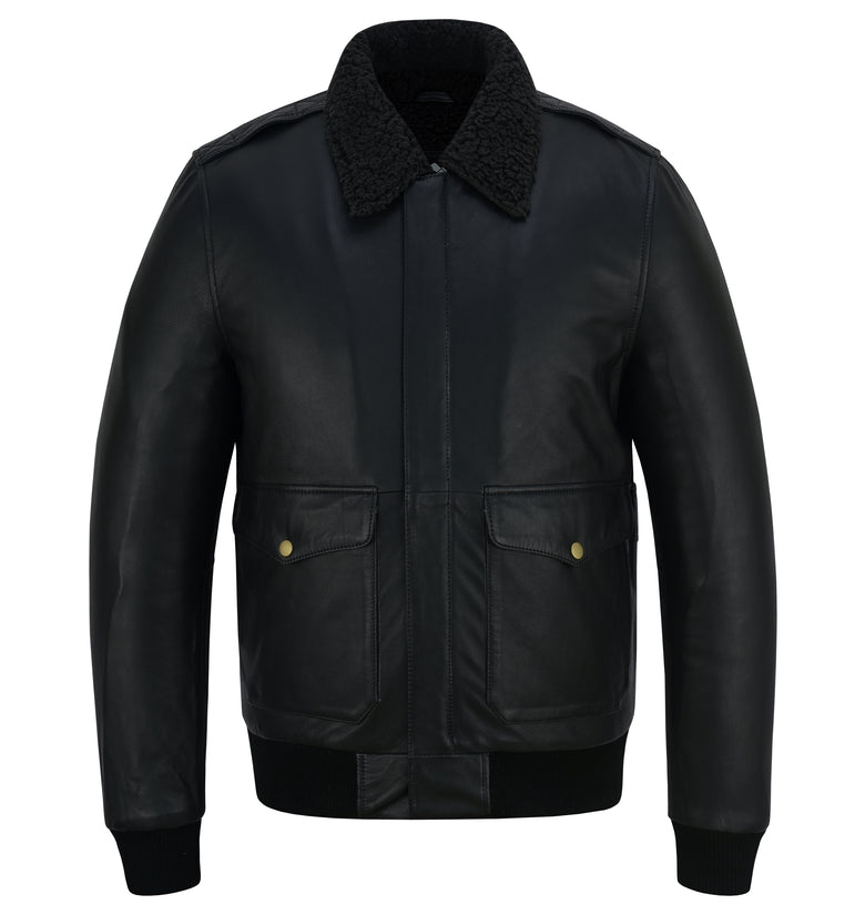 Men’s Black Leather Aviator Jacket Full Fur Lined Winter Bomber
