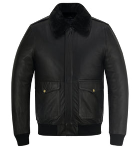 Men’s Premium Cowhide Aviator Leather Jacket Real Leather Bomber with Removable Fur Collar