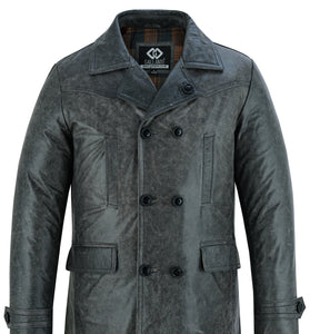 Vintage Stone Wash Men’s Leather Jacket Double Breasted Military